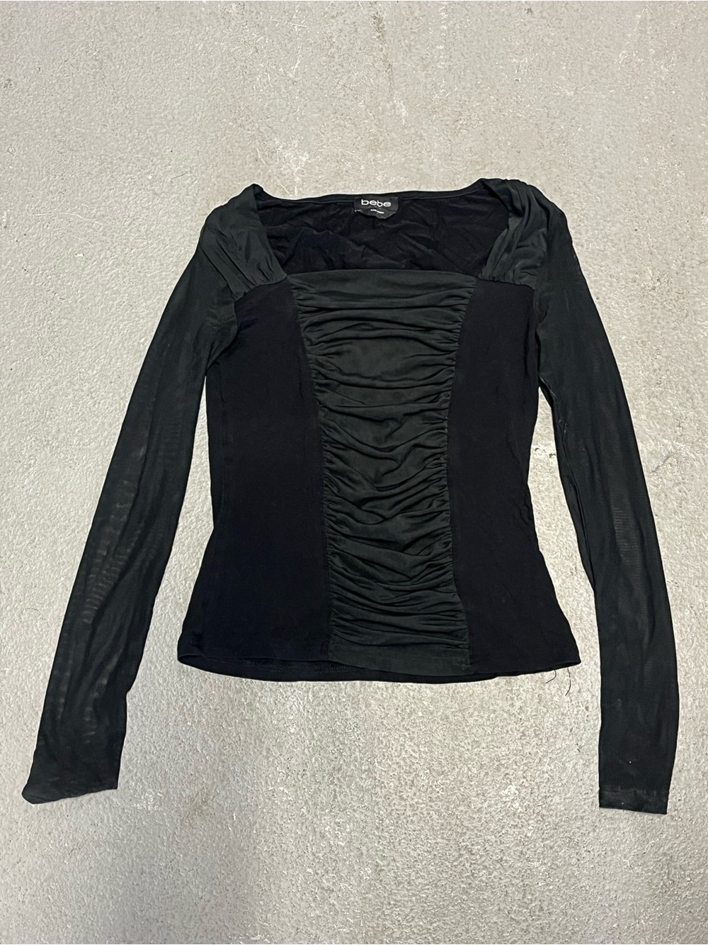 bebe Black Long Sleeve Ruched Center Panel Top